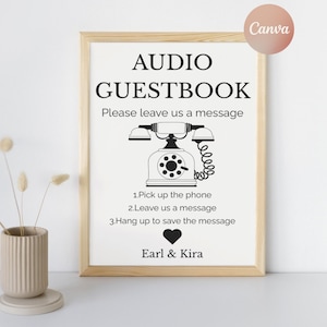 Enseigne de livre d&#39;or audio mariage, décoration de mariage noir et crème, livre d&#39;or audio moderne, modèle de toile imprimable, entièrement personnalisable