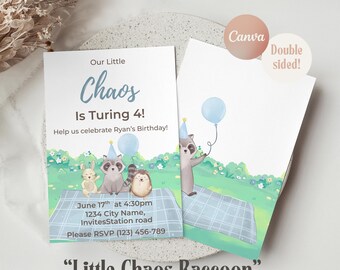 Little Chaos Raccoon Birthday Invitation, Picnic Party Invite, Wild Raccoon Birthday Template, Free Thank You Tag