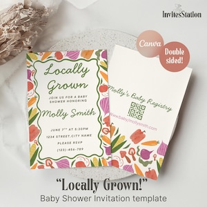 market baby shower Invitation, Locally Grown Theme editable Canva Template, Bonus Thank You Tags
