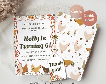 Chicken Birthday Invitation, Editable Farm Birthday Party Invite, Barnyard Theme, Kids Birthday Theme, Free Thank You Tags