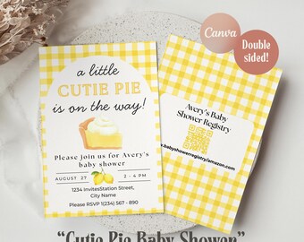 Lemon Baby Shower Invitation Template, Cutie Pie Theme, Summer Gingham Invite, Editable Canva Template with Free Thank You Tags