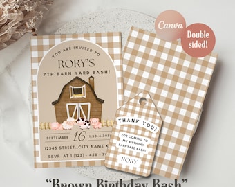 Rustic Farm Birthday Invitation, Neutral Barnyard Party Invite, Brown Gingham Theme, Free Thank You Tag Included