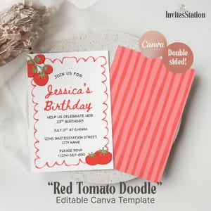 Invitación de cumpleaños de tomate, invitación de fiesta de verano de chica tomate, plantilla editable de Canva, tema de mercado de agricultores, etiquetas de agradecimiento gratuitas