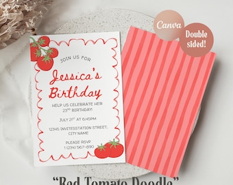 Tomato Birthday Invitation, Tomato Girl Summer Party Invite, Editable Canva Template, Farmers Market Theme, Free Thank You Tags
