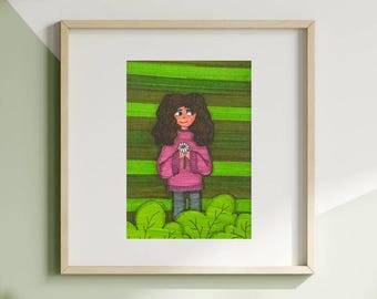 Minimalist Forest Girl Art Print, Hand-Drawn Marker Illustration (Digital Download)