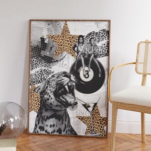 Black and White Collage Art | Cheetah, Martini, Models & Kisses | Trendy Dorm Wall Decor | Aesthetic Poster Download | Fashion Room Print