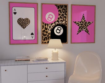 Trendy Cheetah & Pink Wall Art Set of 3 – Ace Heart, 8 Ball Quote, Star – Digital Download, Aesthetic Dorm Decor