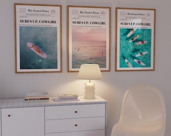 Surfs Up Cowgirl Poster Set of 3 – Western Beach Aesthetic Wall Art, Coastal Cowgirl Newspaper Prints, Digital Download for Boho Room Decor