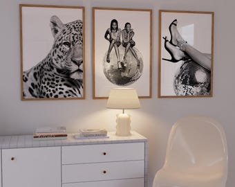 Black and White Luxury Fashion Wall Art Set of 3 – Cheetah, Disco Ball with Models, Heels – Trendy Aesthetic Dorm Posters Digital Download