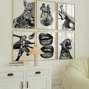 Op de afbeelding: Een verzameling van zes ingelijste zwart-wit kunstprints. De prints tonen een luipaard, mensen op een discobal, lippen en handen die objecten vasthouden. De kunst wordt tentoongesteld boven een witte kast met een lamp.