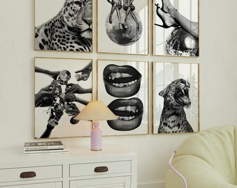 May include: A collection of six framed black and white art prints. The prints feature a leopard, people on a disco ball, lips, and hands holding objects. The art is displayed above a white cabinet with a lamp.