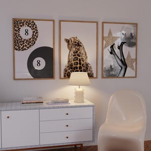 Luxury Trendy Wall Art Set of 3 – 8 Ball Cheetah, Cheetah Print, Heels & Martini Collage – Digital Download Aesthetic Decor