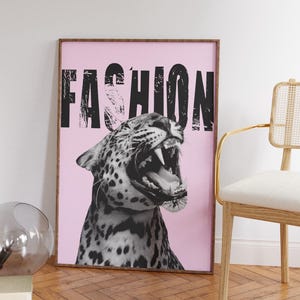 Poster de magazine de luxe noir et blanc guépard - Décoration murale esthétique rose en téléchargement numérique