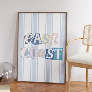 East Coast Poster with Blue Stripes Background - Coastal Beach Aesthetic Digital Download for Beach House Decor