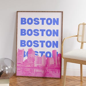 Boston Skyline Poster in Blue and Pink - City Poster Collection Digital Download Wall Art for Dorm, Apartment, or Office Decor