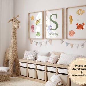 3er Set Wasserwelt Kinderzimmer Poster, Babyzimmer Wandbild Drucke, Personalisierter Name, Individuell, Wal, Kind Dekor, Papier, Recycling