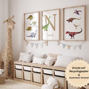 3er Set Dino Collage Kinderzimmer Poster, Babyzimmer Wandbild Drucke, Personalisierter Name, Individuell Kind Dekor T-Rex, Papier, Recycling