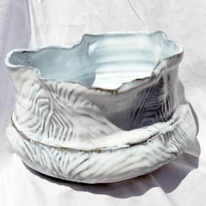 White Hand Carved Ruffle Planter Pot with Drainage Hole | Indoor Outdoor Ceramic Planter | Large Pottery Display | Garden Pot | Handcarved