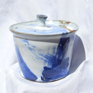 Brushed on Blue Planter with Lid | Handpainted Blue and White Glaze Flower Pot | Planter Pot with Drainage Hole
