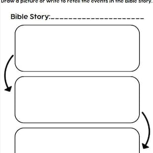 May include: A printable worksheet with the title "Bible Story Retell". The worksheet has three blank boxes with arrows to indicate the order of events in a Bible story.