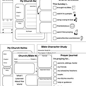 May include: Black and white printable worksheets for kids to use for church activities. The worksheets include sections for taking notes, writing prayers, and reflecting on bible stories.