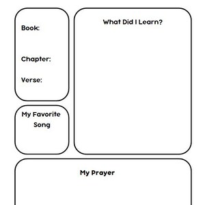 May include: A printable church notes page with sections for the book, chapter, verse, favorite song, what you learned, and a prayer.