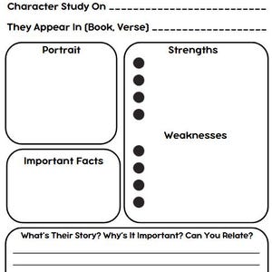 May include: A printable worksheet for studying Bible characters. The worksheet includes sections for character name, book and verse, portrait, strengths, weaknesses, important facts, and a space to write about the character's story.
