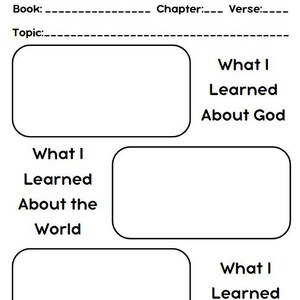 May include: A printable worksheet with the title "Church/Bible Notes". It has sections for "Book", "Chapter", "Verse", "Topic", "What I Learned About God", "What I Learned About the World", and "What I Learned About Me".