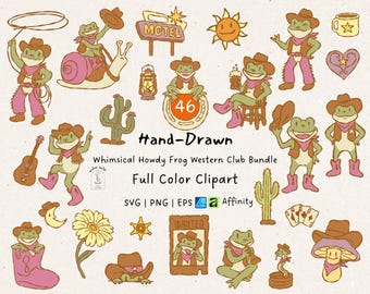 Howdy Frog Western Club Bundle, 46 Colorful Cowboy Toad SVG Designs, Black and White Rodeo Line Art, PNG EPS Craft Files