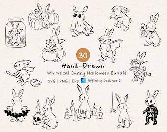 Halloween Bunny Clipart Bundle: Hand-Drawn Spooky Rabbit Doodles, Whimsical Animal, Invitation Card (Digital Download)