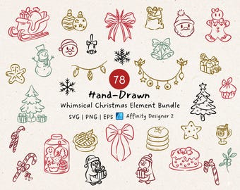 Pacote de clipart SVG de Natal: rabiscos natalinos desenhados à mão, enfeites festivos, artesanato natalino