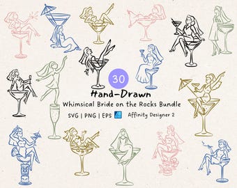 Bridal Shower Clipart Bundle: Hand drawn Whimsical, Cocktails Bride on the Rock I  Bachelorette Party