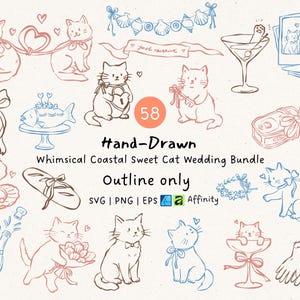 Pode incluir: Uma coleção digital de 58 ilustrações de casamento de gatos desenhadas à mão em contornos azuis e vermelhos. Inclui gatos com laços, um peixe num suporte, uma garrafa de champanhe, uma concha com um anel e o texto 58 Hand-Drawn Whimsical Coastal Sweet Cat Wedding Bundle Outline only SVG PNG EPS Affinity.