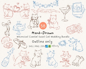 Whimsical Coastal Sweet Cat Wedding SVG Bundle, Beach Wedding Cats, Cottagecore seaside romance Elements for invitation