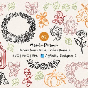 Könnte beinhalten: Handgezeichnete Illustrationen zum Thema Herbst, darunter Kürbisse, Blätter, Eicheln, Kerzen und Blumenkränze. Das Bild zeigt den Text "Hand-Drawh Decorations & Fall Vibes Bundle" und die Zahl "62".