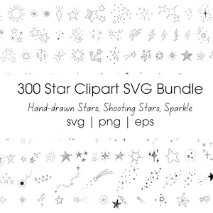 May include: A black and white digital illustration of 300 hand-drawn stars, shooting stars, and sparkles. The text "300 Star Clipart SVG Bundle" is in the center of the image. The text "Hand-drawn Stars, Shooting Stars, Sparkle" is below the title. The text "svg | png | eps" is below the description.