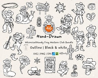 Howdy Frog Western Club Bundle, 46 Cowboy Toad SVG Designs, Black and White Rodeo Line Art, PNG EPS Craft Files