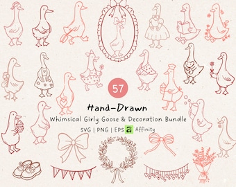Whimsical Girly Goose SVG PNG Bundle, Baby Shower Clipart, Welcome Baby Girl Line Art, Nursery Decor for Invitation and Print