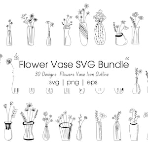 Blumenvase Line Art SVG Bundle - 30 handgezeichnete minimalistische Blumen Clipart für Cricut & Logo Design, Blumen im Glas Clipart, Instant Download