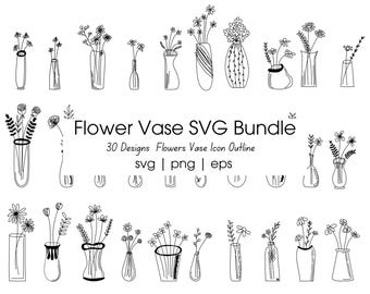Blomvas Line Art SVG-paket: 30 minimalistiska blommiga clipart (digital nedladdning)