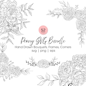 Peony Line Art SVG Bundle: Hand-Drawn Floral Elegant, Flower Bouquets, Frames, Corner (Digital Download)