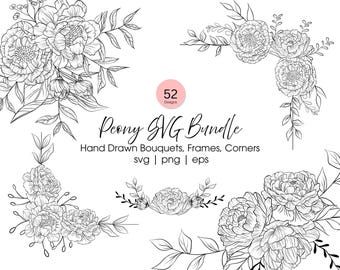 Paquete SVG de arte lineal de peonías: Elegantes ramos de flores dibujados a mano, marcos y esquinas (descarga digital)