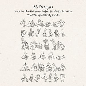 A full preview sheet showing all 36 hand-drawn bookish goose designs in thin black line art on a beige textured background. Each goose is engaged in a reading-related activity—holding multiple books, walking with a basket, climbing a stool, reading on a sofa, sitting under a blanket, or relaxing with a cup. This overview helps buyers see every illustration included in the SVG and PNG set, ideal for stickers, cards, bookmarks, journals, shirts, and cozy book lover décor.