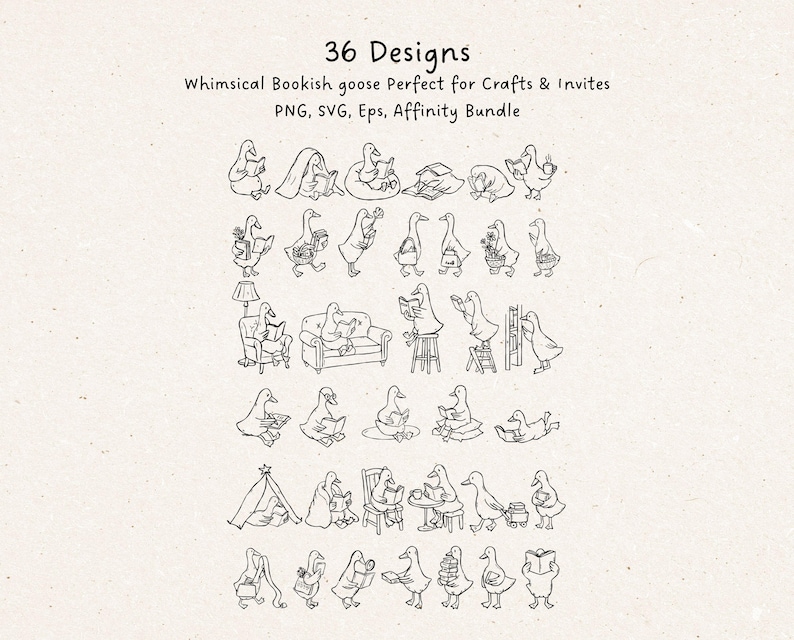 A full preview sheet showing all 36 hand-drawn bookish goose designs in thin black line art on a beige textured background. Each goose is engaged in a reading-related activity—holding multiple books, walking with a basket, climbing a stool, reading on a sofa, sitting under a blanket, or relaxing with a cup. This overview helps buyers see every illustration included in the SVG and PNG set, ideal for stickers, cards, bookmarks, journals, shirts, and cozy book lover décor.