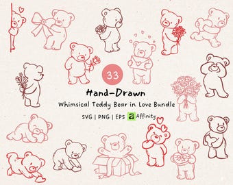 Paquete SVG de osito de peluche enamorado - Clipart de oso de San Valentín PNG EPS, lindos osos dibujados a mano para tarjetas de boda, camisetas, invitaciones