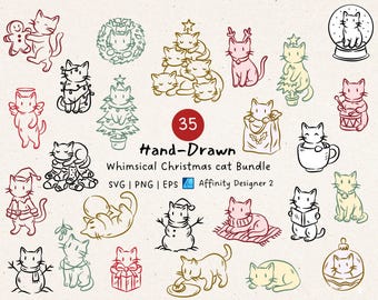 Paquete SVG de gato navideño maullando caprichoso: Lindo gatito festivo dibujado a mano (descarga digital)