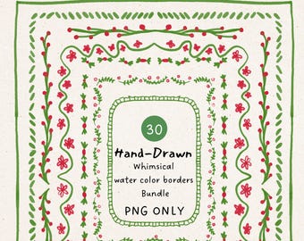 May include: A digital art print featuring a collection of 30 hand-drawn whimsical watercolor borders. The borders are in green and red, with floral and leaf designs. The text "Hand-Drawn Whimsical watercolor borders Bundle PNG ONLY" is included.