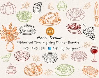 Thanksgiving Dinner SVG Bundle: Hand-Drawn Autumn Food Doodles, Turkey Pie Food, Fall Feast Whimsical