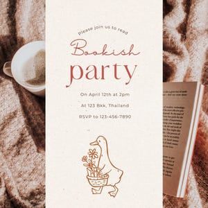 A bookish party invitation design displayed on a warm textured background. The left side shows a cup of coffee on a cozy blanket, while the right side includes event details and a hand-drawn goose holding flowers and books. The layout has a soft, elegant aesthetic, perfect for book club gatherings, literary events, and cozy reading parties. This mockup demonstrates how the bookish goose clipart can be used in invitation templates, greeting cards, and printable stationery.