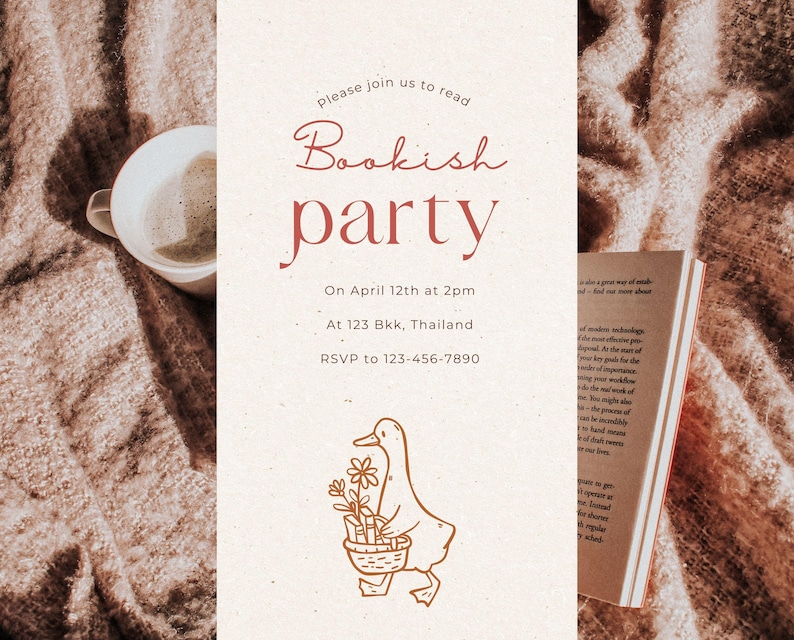 A bookish party invitation design displayed on a warm textured background. The left side shows a cup of coffee on a cozy blanket, while the right side includes event details and a hand-drawn goose holding flowers and books. The layout has a soft, elegant aesthetic, perfect for book club gatherings, literary events, and cozy reading parties. This mockup demonstrates how the bookish goose clipart can be used in invitation templates, greeting cards, and printable stationery.